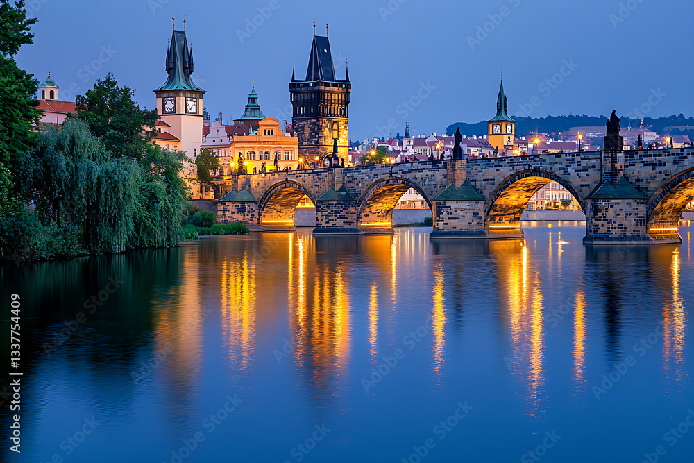 Prague cityscape with river and bridges at blue Prague cityscape with river and bridges at blue