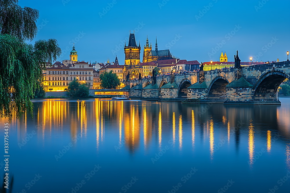 Fototapeta premium Prague cityscape with river and bridges at blue