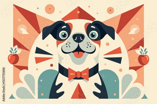 Colorful Digital Illustration of a Happy Dog Wearing a Bow Tie in a Playful Design with Geometric Shapes, Ideal for Pet Lovers and Art Enthusiasts
