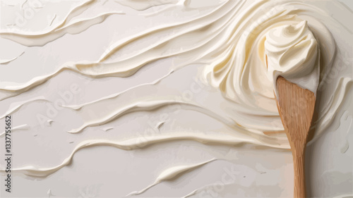 High-angle, close-up shot of a creamy, off-white substance spread across a white surface. The substance has been swirled and spread creating a textured pattern. A small, light-brown wooden spatula