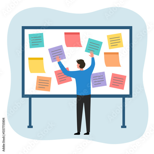 Project planning and task list. Task management and productivity concept. Employee organize work plans using sticky notes on whiteboard.