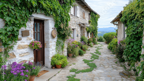 Charming stone village with ivy covered walls and vibrant flowers