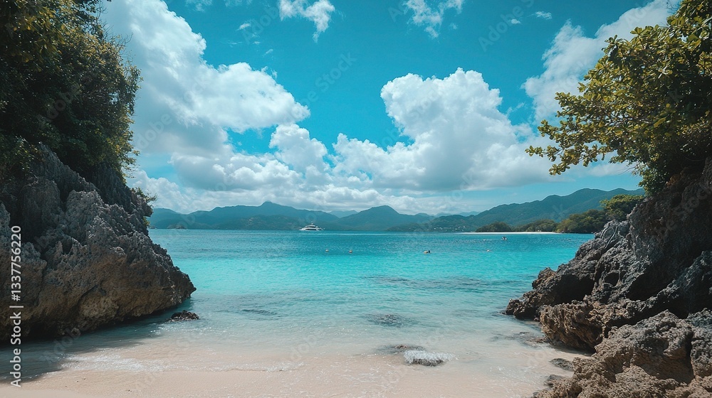 Fototapeta premium Stunning Tropical Beach View with Crystal Clear Waters and Rocks