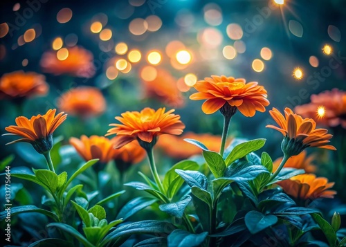 Night Bloom: Vibrant Orange Flowers Illuminated by Soft Light