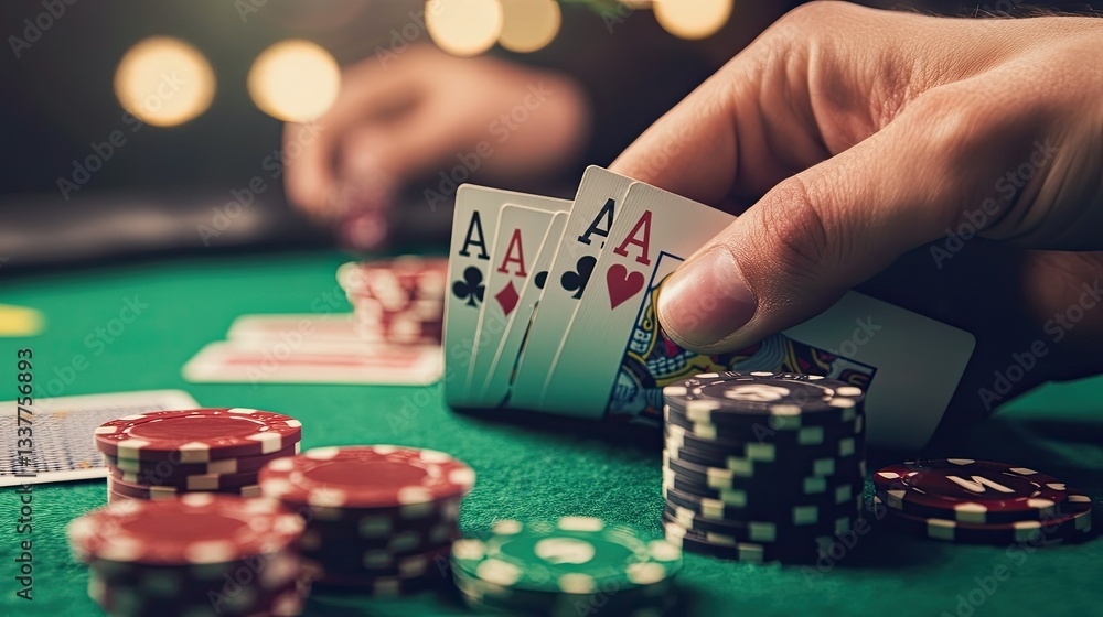 Poker player holding cards close with dramatic lighting and chips on the table Poker player holding cards close with dramatic lighting and chips on the table