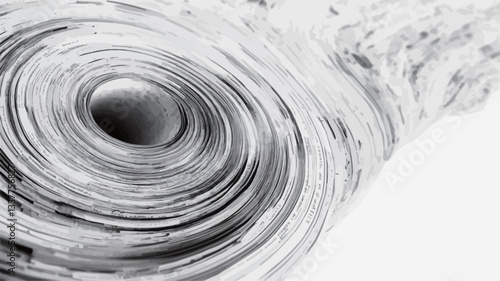 Close-up, high-angle, monochrome shot of a rolled-up piece of paper. The paper displays a spiral pattern with a central hole. The texture of the paper is visible, showing slight variations in tone