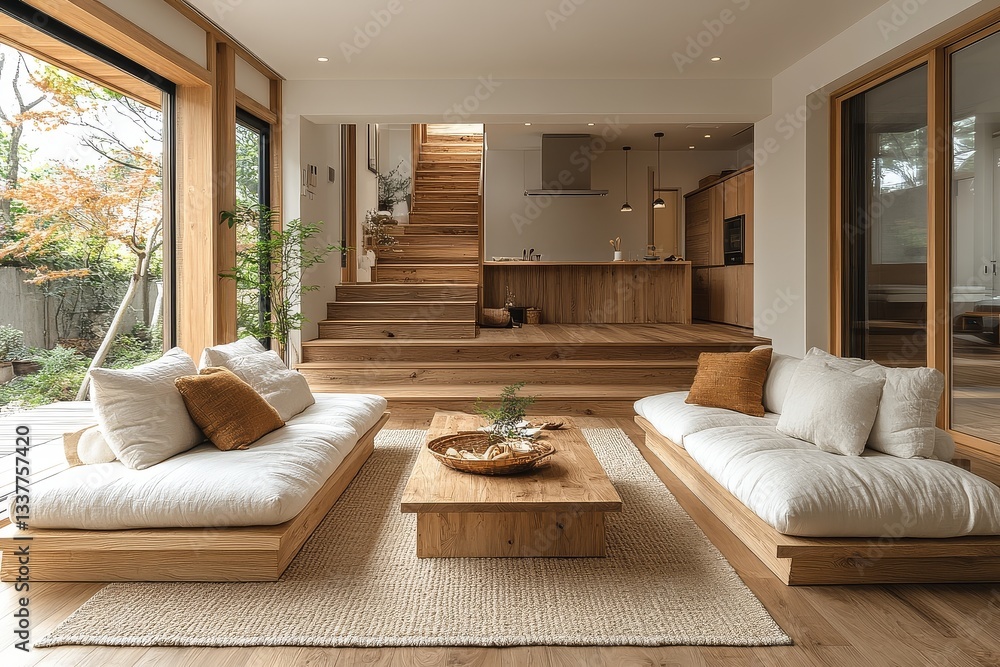 Fototapeta premium Japanese minimalist living room with two sofas, light wooden coffee table, and stairs leading to the kitchen, featuring white walls and natural lighting.