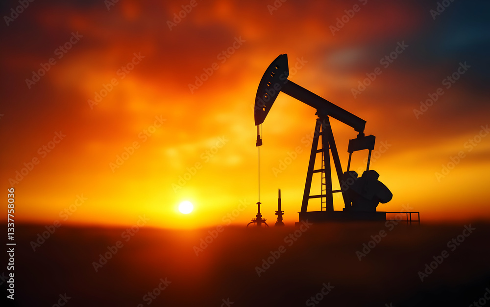 An industrial oil pump silhouetted against a vibrant sunset, showcasing the energy sector and natural resources. An industrial oil pump silhouetted against a vibrant sunset, showcasing the energy sector and natural resources.