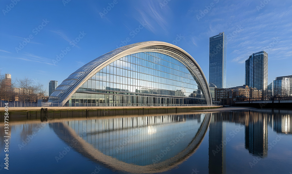 Fototapeta premium Modern architectural marvel with curved glass facade reflecting in calm waters, surrounded by urban skyline