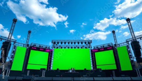 Empty festival stage, three large green screens, blue sky, clouds, speakers, lights, drums, lights, clear