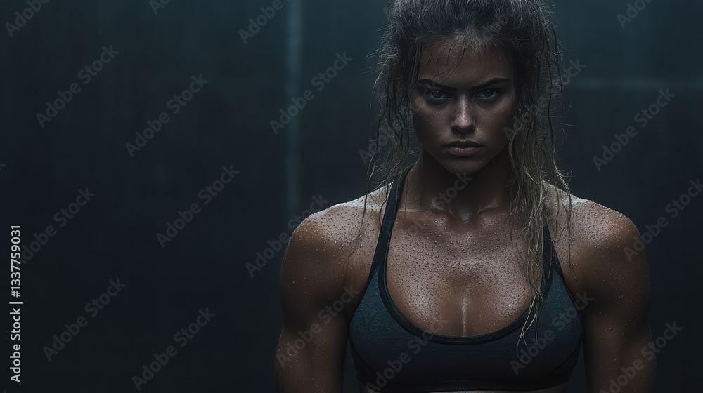 Obraz premium Strong woman with defined muscles and wet skin in dark gym setting