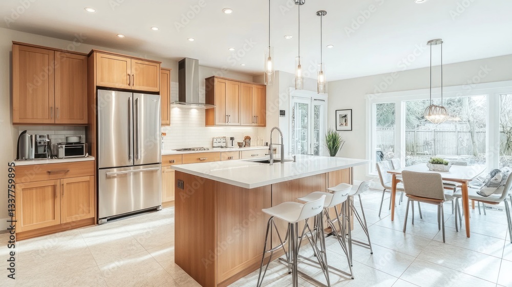 Bright, modern kitchen with large island and dining area. Spacious and well-lit, featuring light-colored cabinets, stainless steel appliances, and a large, airy feel Bright, modern kitchen with large island and dining area. Spacious and well-lit, featuring light-colored cabinets, stainless steel appliances, and a large, airy feel