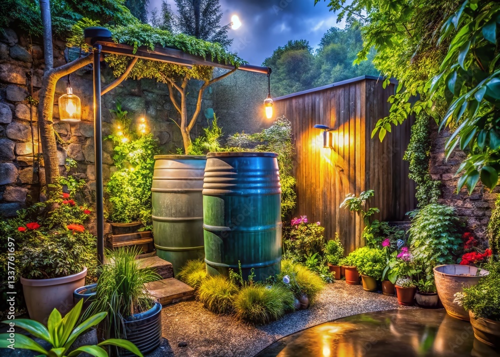 Obraz premium Night Rainwater Harvesting System in Lush Garden: Sustainable Water Management