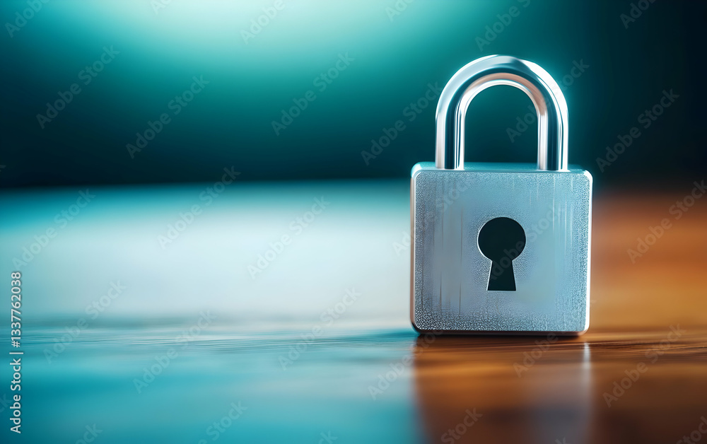 Fototapeta premium A close-up of a silver padlock on a wooden table, symbolizing security and protection in business environments.