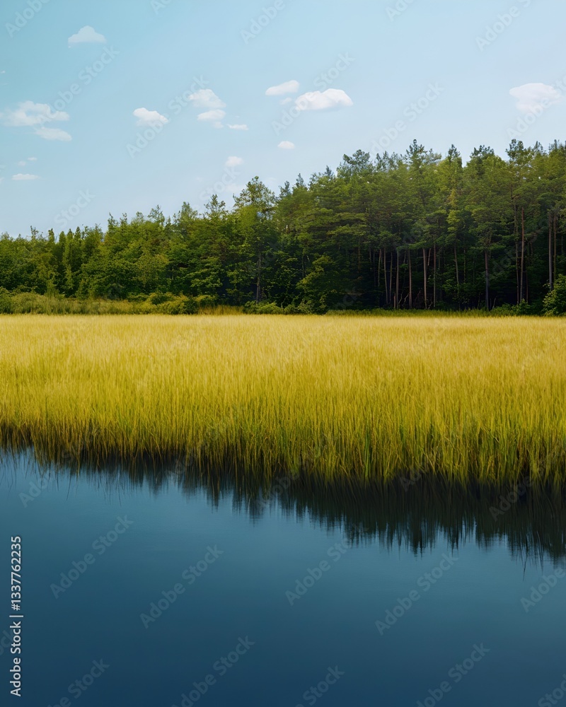 Tranquil Wetlands with Lush Green Trees and Golden Grass Reflection Tranquil Wetlands with Lush Green Trees and Golden Grass Reflection