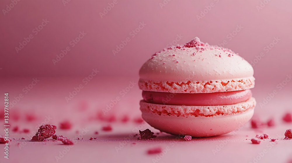 Crumbling pink macaron on pink surface. Close-up of delicate pink macaron with crumbled pieces around it with soft texture. Dreamy celebration of National Macaron Day with text space Crumbling pink macaron on pink surface. Close-up of delicate pink macaron with crumbled pieces around it with soft texture. Dreamy celebration of National Macaron Day with text space