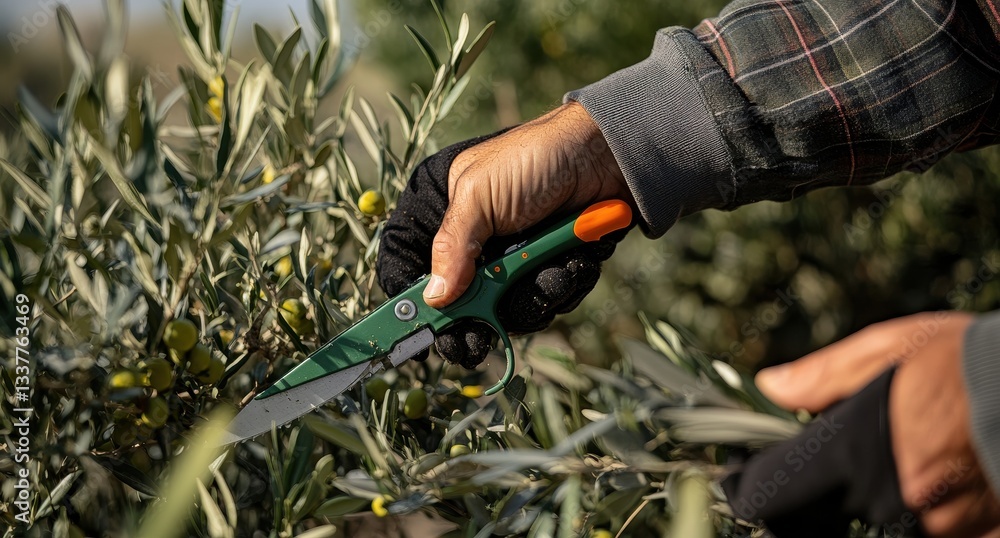 Obraz premium Person harvesting olives with pruning shears in an orchard.