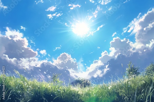 A bright, sunny sky above a field of grass.  Delicate clouds and light fill the scene