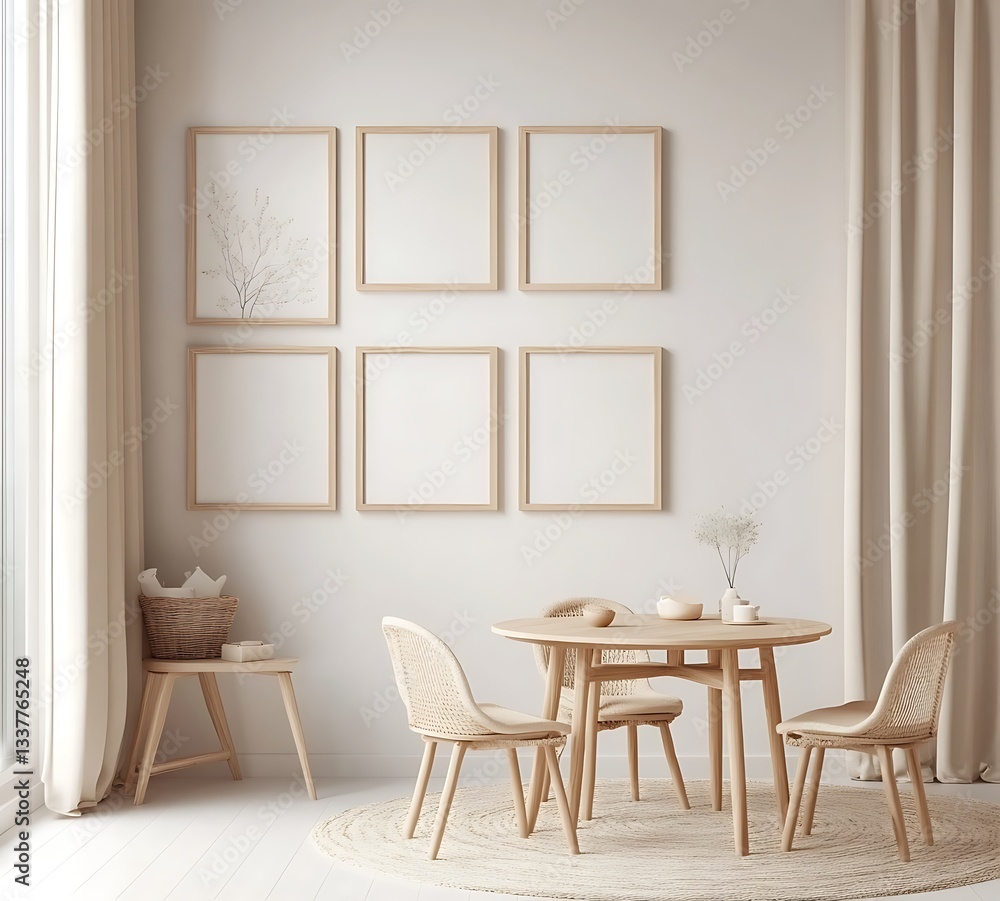 Fototapeta premium Minimalist Empty Wall with Wooden Frames and Light-Creating Space