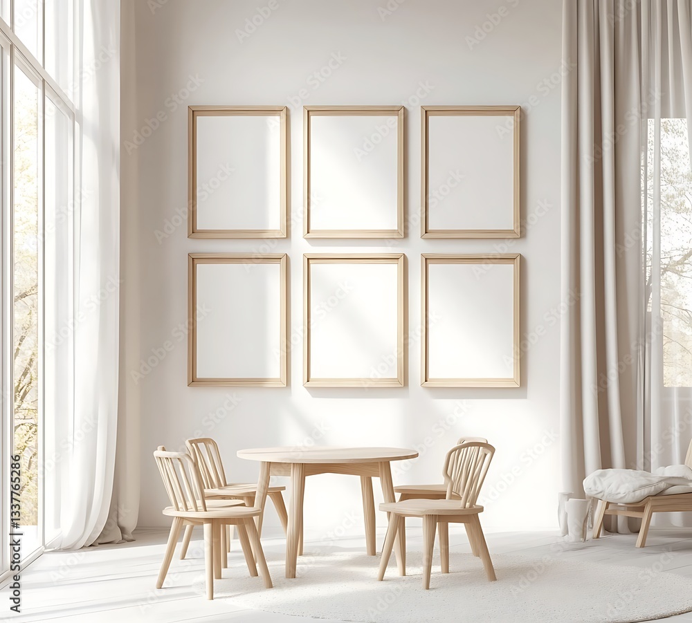 Fototapeta premium Minimalist Interior with Empty Frames on White Wall and Wooden Furniture