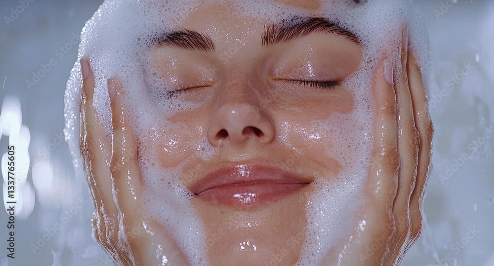 A beautiful woman washes her face with soap, smiling and looking at the camera against a white background. A beautiful woman washes her face with soap, smiling and looking at the camera against a white background.