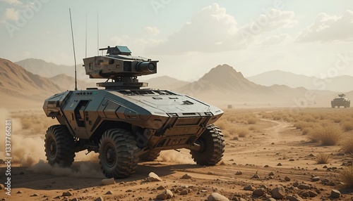 An unmanned combat vehicle patrols a deserted battlefield with AI-driven surveillance, showcasing futuristic military technology and autonomous warfare capabilities.