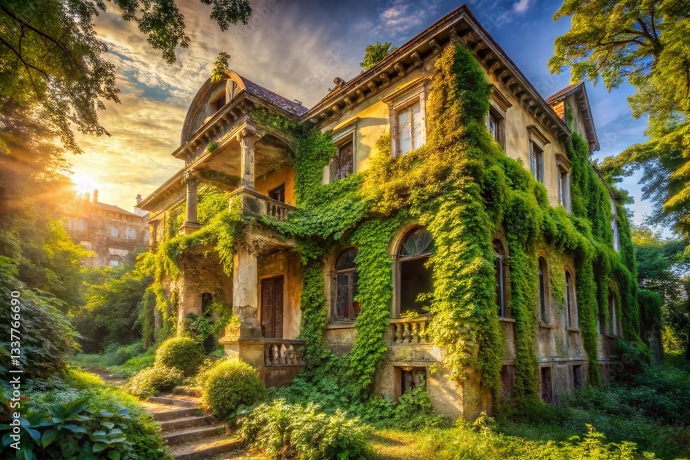 Fototapeta premium Overgrown Vintage Mansion Macro Photography: Soft Sunlight on Decaying Grandeur