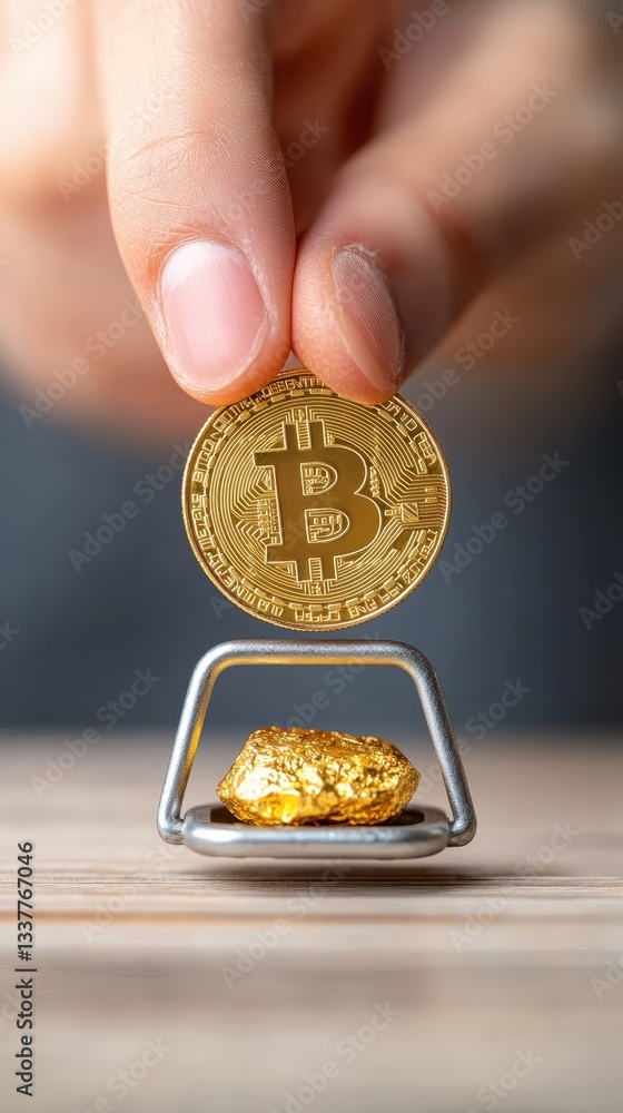 Fototapeta premium A hand holding a Bitcoin coin above a gold nugget symbolizing investment.
