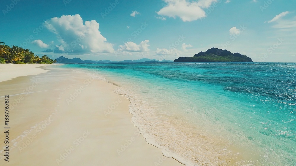 Obraz premium Stunning View of Tropical Beach with Clear Water and Island Horizon
