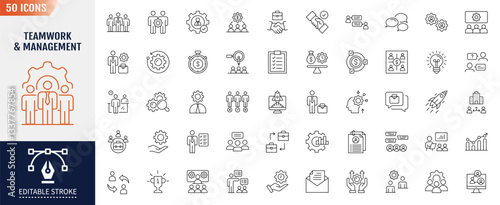 Teamwork and Management line icon set. Editable stroke. Containing as Cooperation, Business management, Collaboration, Team Meeting, and more. Vector illustration