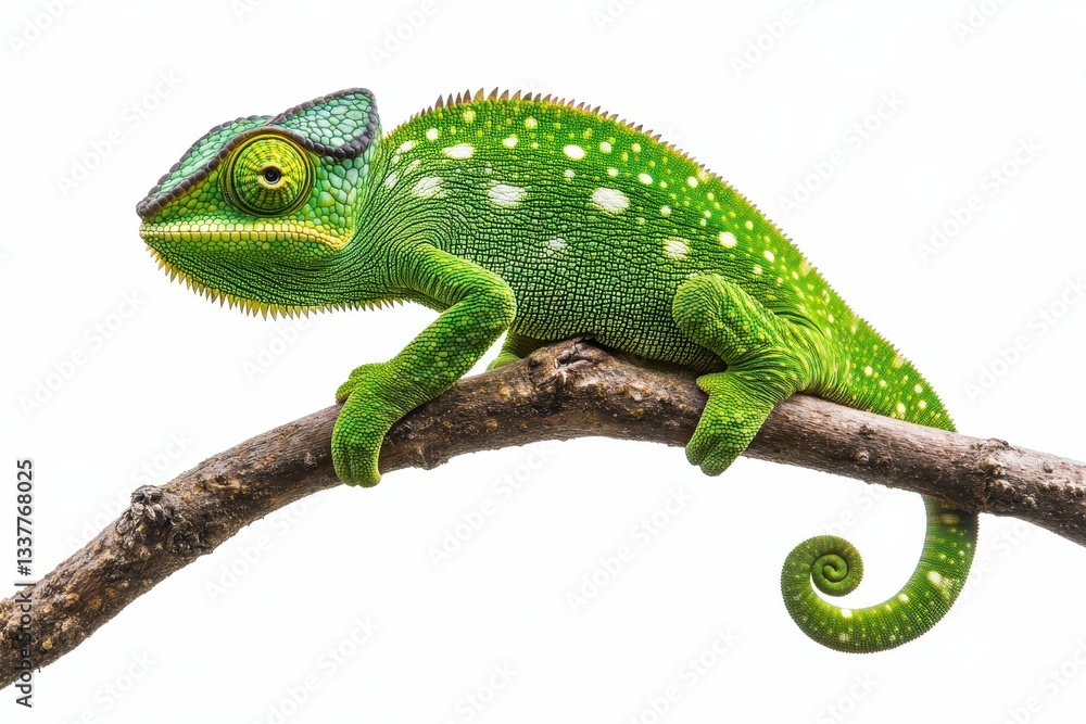 Fototapeta premium Vibrant green chameleon perched on a branch against a white background.