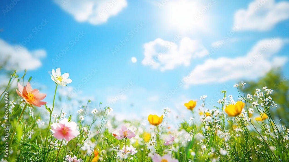 Bright and Cheerful Spring Nature Background with Colorful Flowers Bright and Cheerful Spring Nature Background with Colorful Flowers