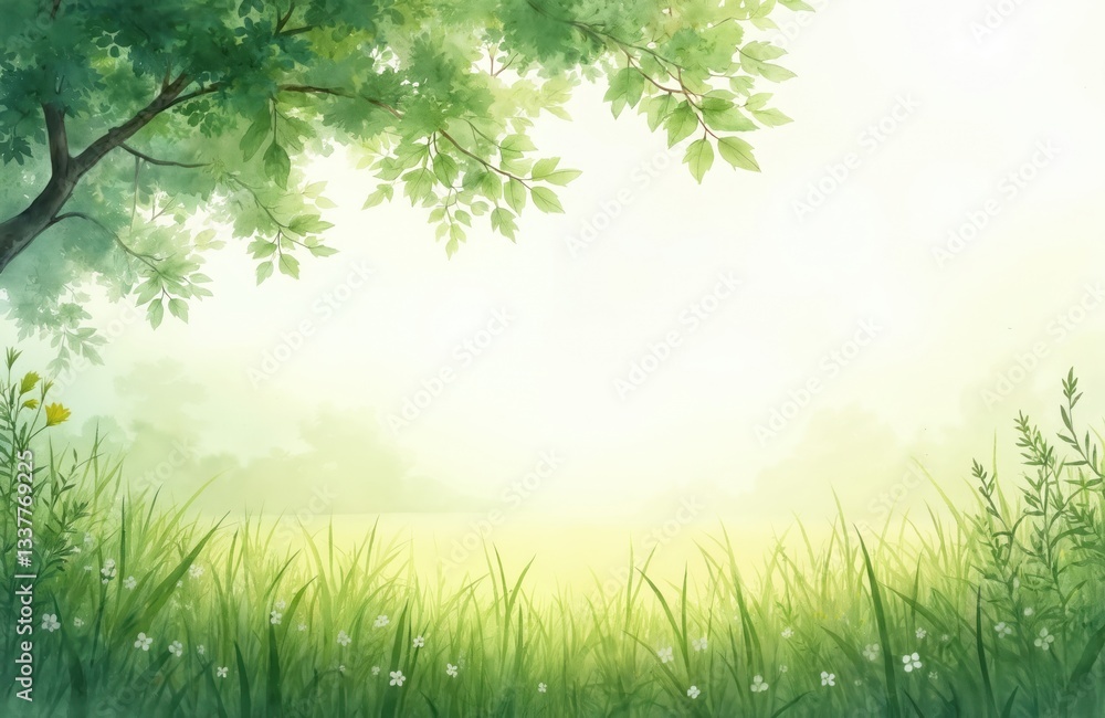 Watercolor summer landscape with green grass, tree and soft light background. Hand drawn nature painting perfect as card backdrop, poster or wallpaper. Serene scenic view of park garden in spring. Watercolor summer landscape with green grass, tree and soft light background. Hand drawn nature painting perfect as card backdrop, poster or wallpaper. Serene scenic view of park garden in spring.