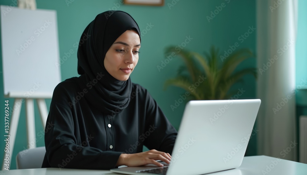Muslim businesswoman in hijab works at laptop. Islamic Arabian student e-learning, typing online, web browsing. Confident ethnic freelancer studies on computer in network, chats online, e-commerce Muslim businesswoman in hijab works at laptop. Islamic Arabian student e-learning, typing online, web browsing. Confident ethnic freelancer studies on computer in network, chats online, e-commerce