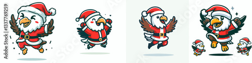 Bald Eagle wearing Santa Claus costumes jumping with joy a simple vector graphic depicts festive patriotic spirit.