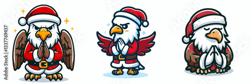 Bald Eagle wearing Santa Claus costumes praying hands gesture a simple vector graphic depicting majestic winter spirit.