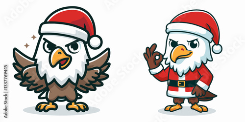 Bald Eagle wearing Santa Claus costumes raising one eyebrow a minimalist vector graphic shows majestic holiday spirit