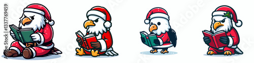 Bald Eagle wearing Santa Claus costume reads a book a simple vector graphic depicting a majestic winter scene