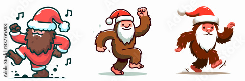 Bigfoot wearing Santa Claus costumes dancing or grooving vector outline drawing a joyous winter holiday scene