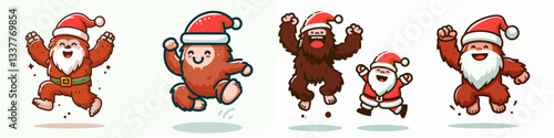 Bigfoot wearing Santa Claus costumes jumping with joy a minimalist vector graphic depicting festive Sasquatch merriment.