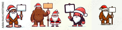 Bigfoot wearing Santa Claus costumes holding a sign a minimalist vector graphic depicting a festive Sasquatch holiday scene.