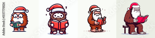 Bigfoot wearing Santa Claus costumes reads a book a simple vector graphic depicting a festive cryptid enjoying literature.
