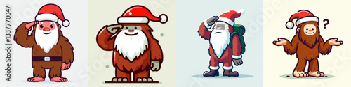 Bigfoot wears Santa Claus costumes saluting a minimalist doodle graphic of festive Sasquatch.