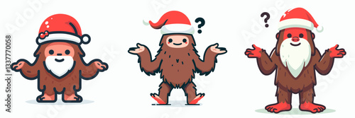 Bigfoot wears Santa Claus costumes shrugging a minimalist doodle depicting a surprised Sasquatch in festive attire.