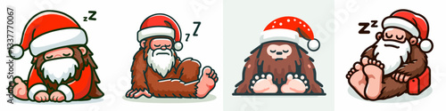 Bigfoot wearing Santa Claus costumes sleeping peacefully a minimalist doodle graphic