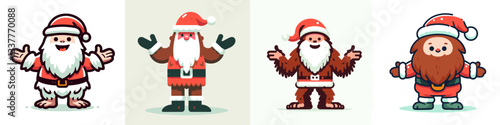 Bigfoot wearing Santa Claus costumes standing with arms open wide in a simple vector doodle illustration