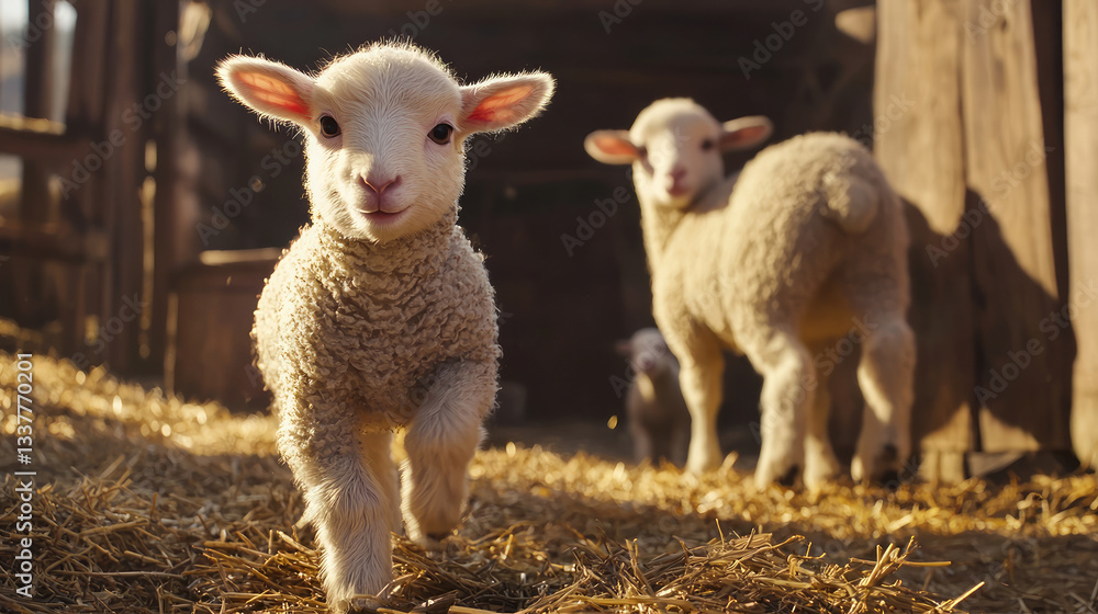 Obraz premium A cute little lamb with fluffy wool in the farmyard