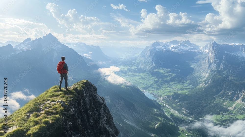 A Hiker's Vision Panoramic Vista from a Mountain Peak with an expansive alpine landscape A Hiker's Vision Panoramic Vista from a Mountain Peak with an expansive alpine landscape