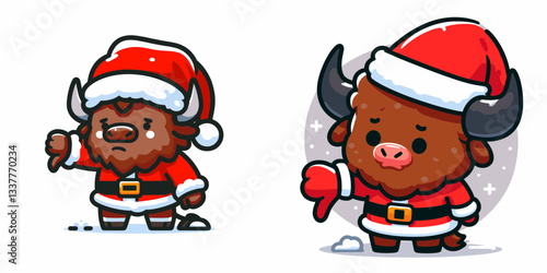 Bison wear Santa Claus costumes giving a thumbs down minimalist vector graphic depicting grumpy holiday spirit.