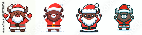 Bison wear Santa Claus costumes hands raised in celebration a joyous vector drawing of winter holiday cheer